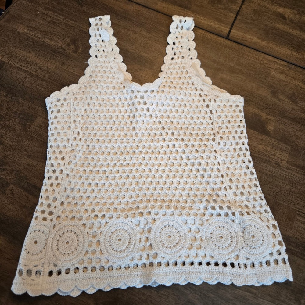 Keren Hart Ivory Crochet Tank Top Scalloped V-Neck Lined Boho Summer Small